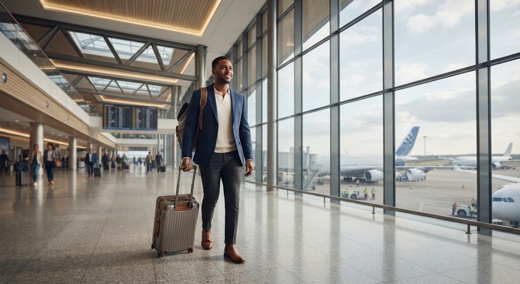 Passenger walking through an airport