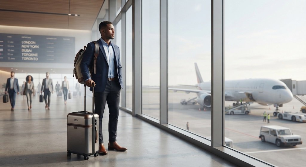 Traveller preparing documents for an international journey