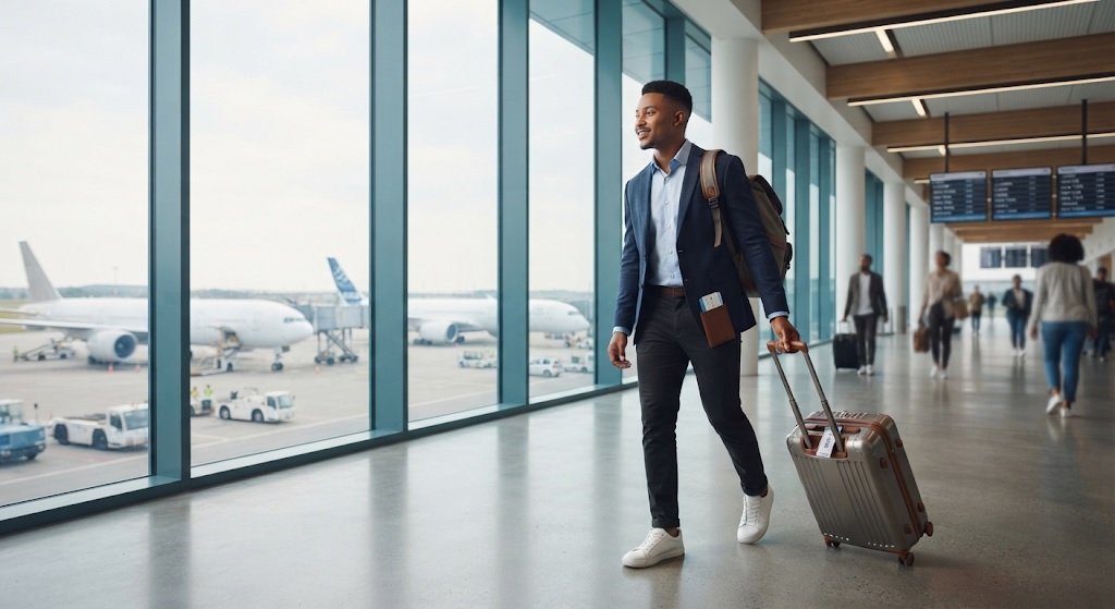 Traveller looking at an airport departure board